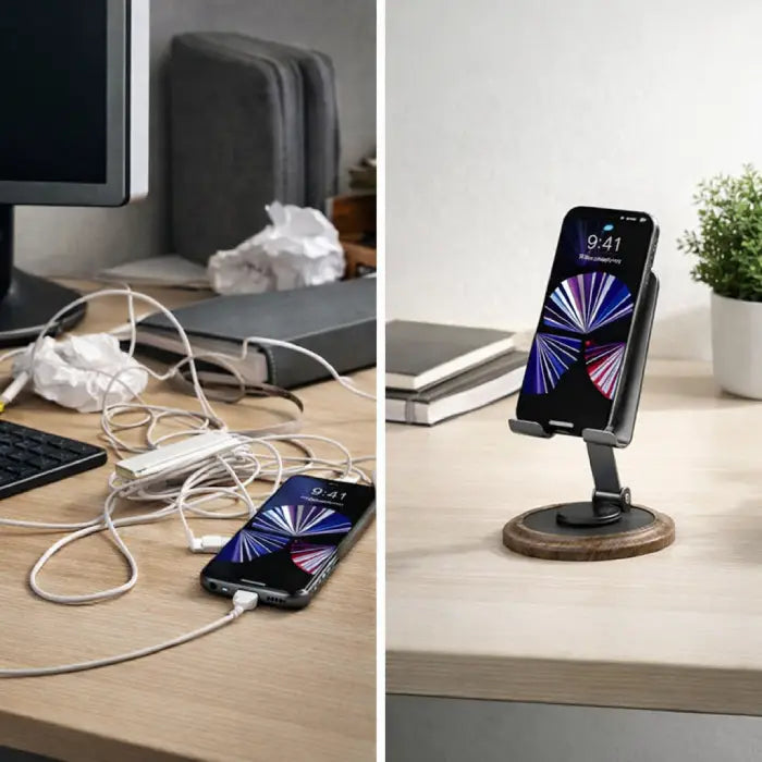 Foldable metal phone stand keeping desk organized with smartphone holder setup in Homesouq Qatar