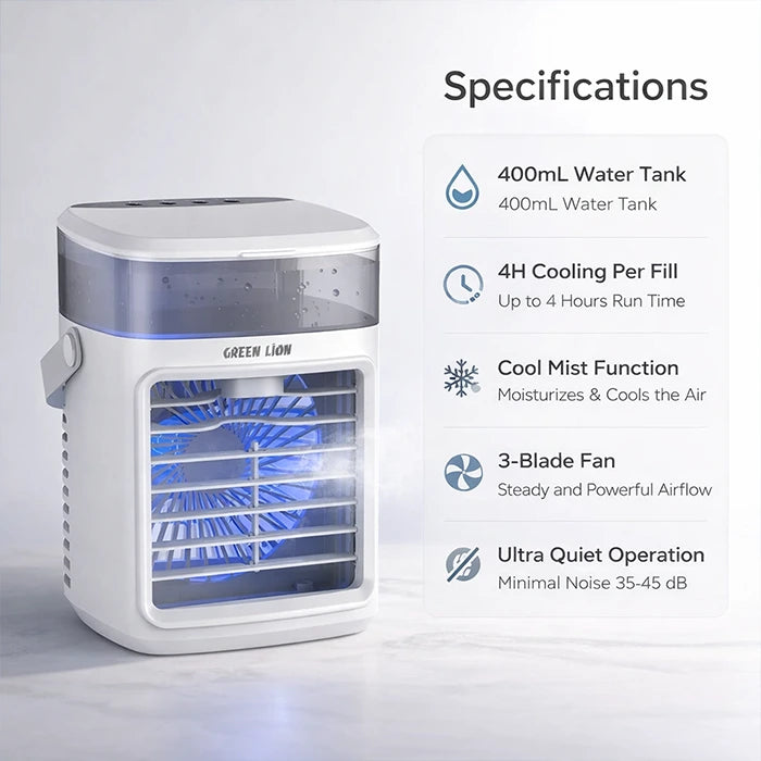 Air cooler with specifications panel showing features and performance  homesouq Qatar