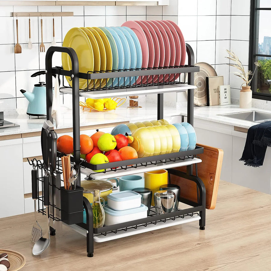 Practical dish drying rack with separate compartments for drying utensils
