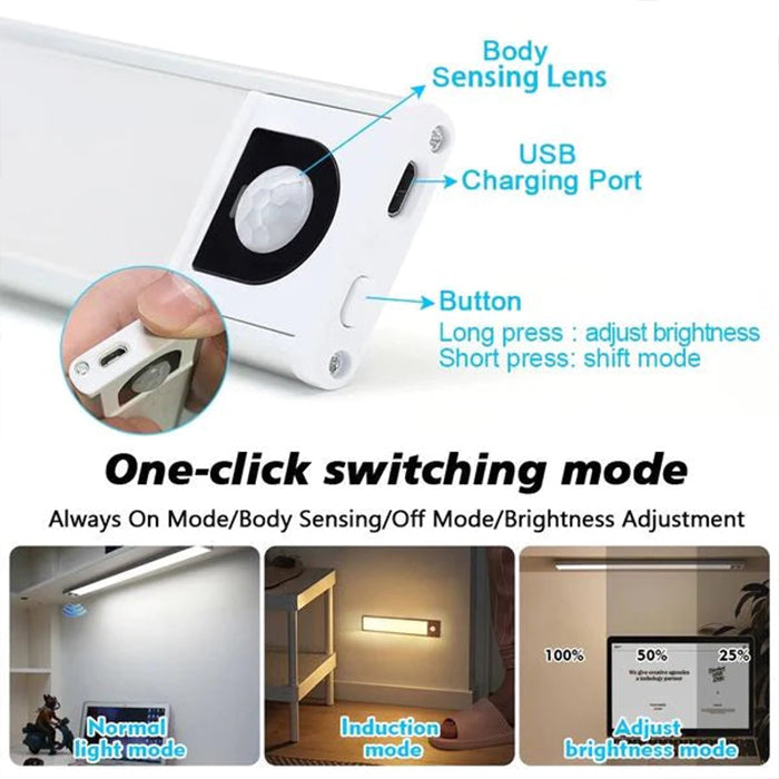 LED Motion Sensor Cabinet Light - Upgrade Under Cabinet Light Dimmable Light USB Rechargeable one click