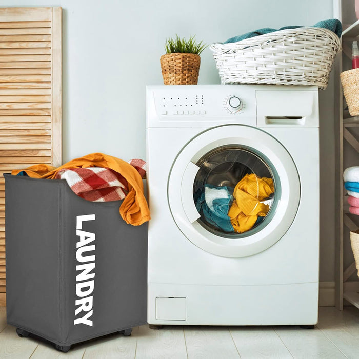 Large Rolling Laundry Basket with Handle on Wheels, Foldable Laundry Hamper Dual-Purpose Stand