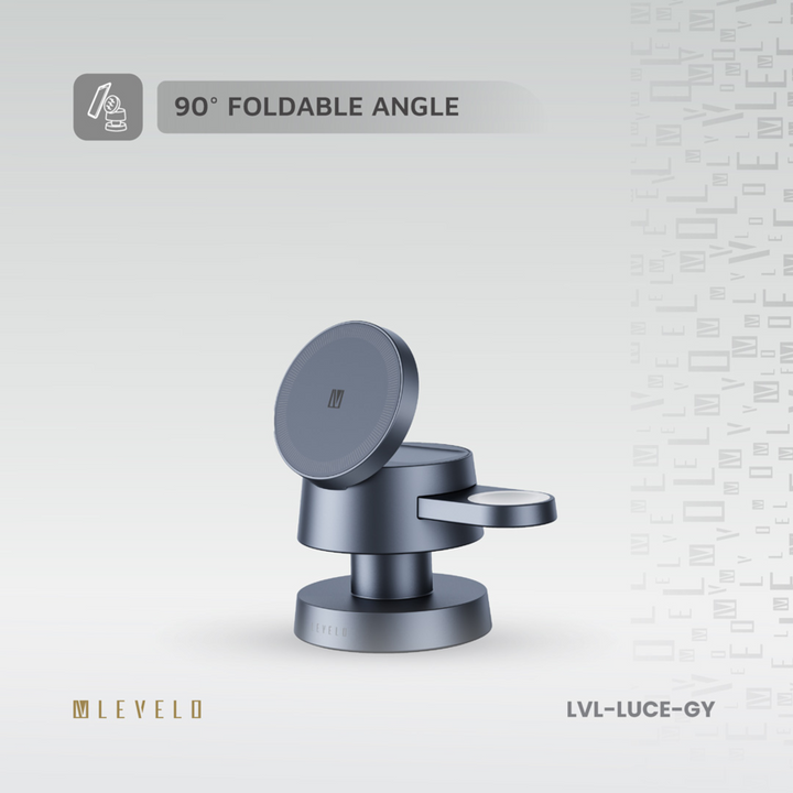 Levelo Luce 4-in-1 Charger powers your iPhone, iWatch, and AirPods at once with up to 15W output 90° Foldable Angle
