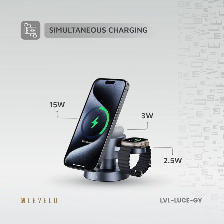 Levelo Luce 4-in-1 Charger powers your iPhone, iWatch, and AirPods at once with up to 15W output Built-in Simultaneous Charging
