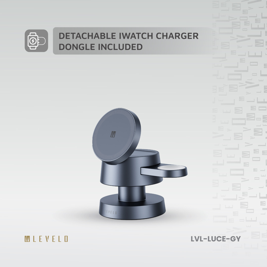 Levelo Luce 4-in-1 Charger powers your iPhone, iWatch, and AirPods at once with up to 15W output Detachable iWatch Charger Dongle

