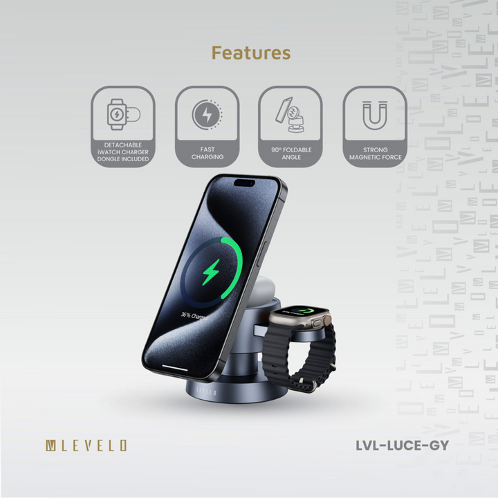 Levelo Luce 4-in-1 Charger powers your iPhone, iWatch, and AirPods at once with up to 15W output features