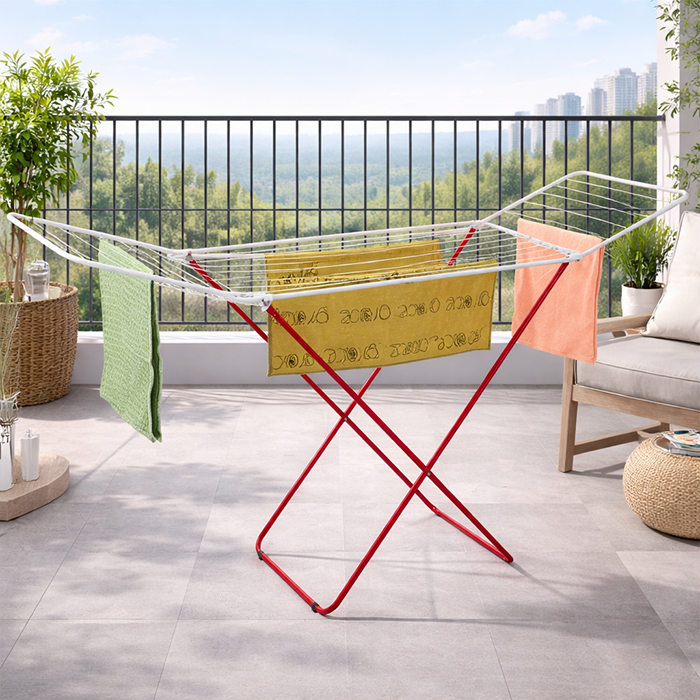 Foldable clothes drying rack set up in garden with natural sunlight drying Qatar