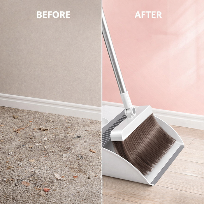 Before and after dust pan and broom set cleaning floor showing neat results with magnetic broom and dustpan Qatar