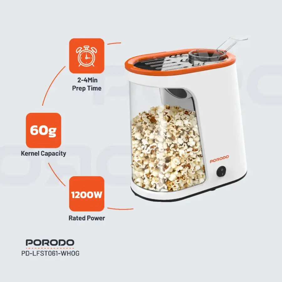 Make healthy, oil-free popcorn in 2-4 minutes. 1200W power, 60g capacity, and compact design with UK plug 