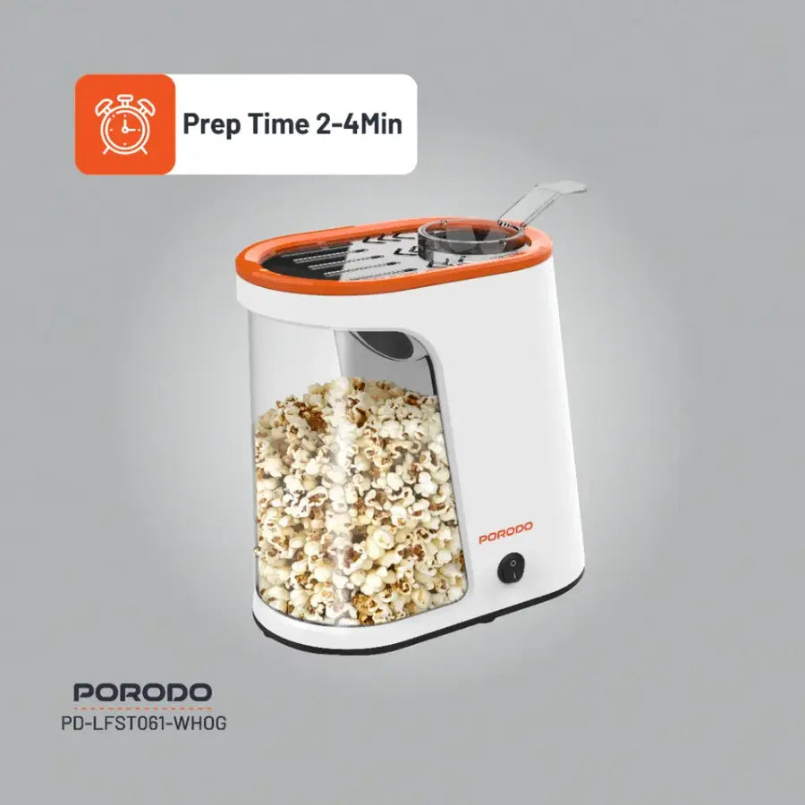 Make healthy, oil-free popcorn in 2-4 minutes. 1200W power, 60g capacity, and compact design with UK plug 2-4 min