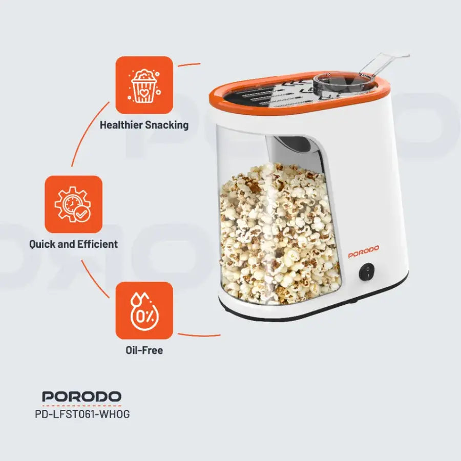 Make healthy, oil-free popcorn in 2-4 minutes. 1200W power, 60g capacity durable