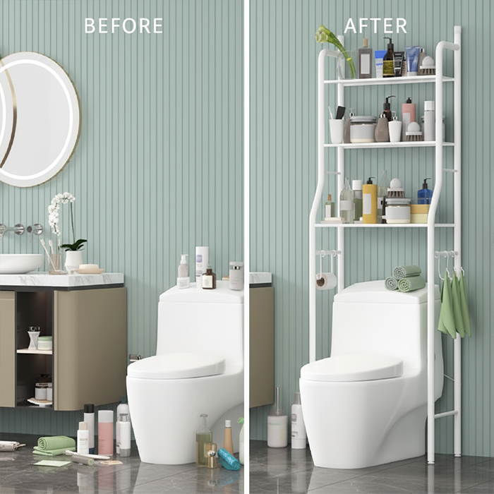 Toilet rack before and after showing organized bathroom essentials with toilet storage rack stand shelf Qatar