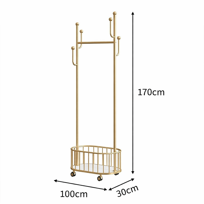Gold cloth stand clothes rack with dimension size 170cm height and storage basket Qatar