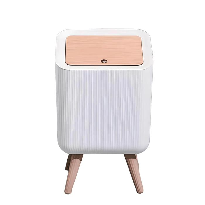 Freestanding trash can with wooden top and legs isolated on white background in Qatar