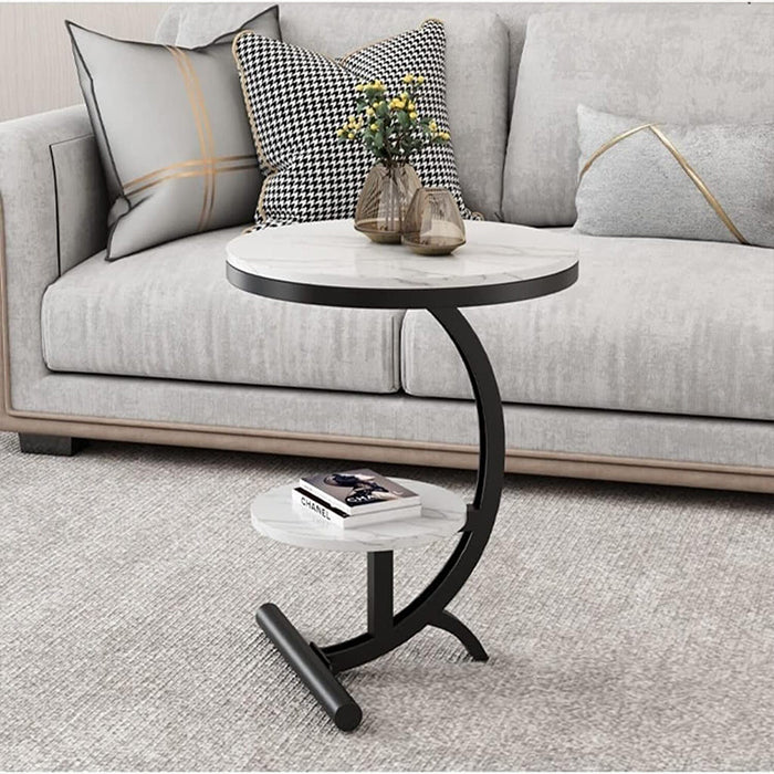 Modern Round Tea Coffee Table With 2-Tier Storage Marble Finish Bedside Table 