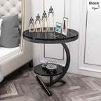 Modern Round Tea Coffee Table With 2-Tier Storage Marble Finish Bedside Table Black