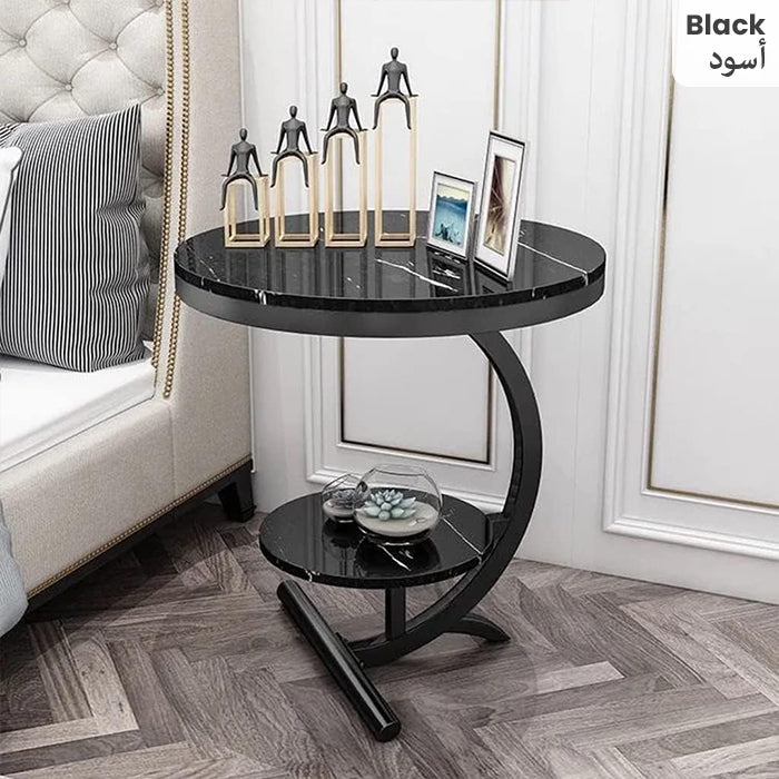 Modern Round Tea Coffee Table With 2-Tier Storage Marble Finish Bedside Table Black