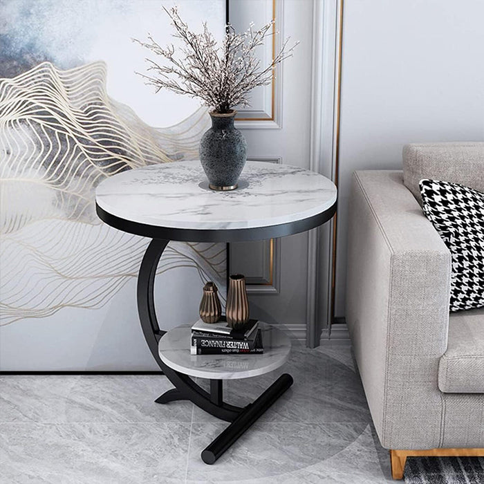 Modern Round Tea Coffee Table With 2-Tier Storage Marble Finish Bedside Table Durable
