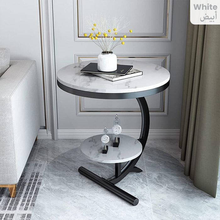 Modern Round Tea Coffee Table With 2-Tier Storage Marble Finish Bedside Table White