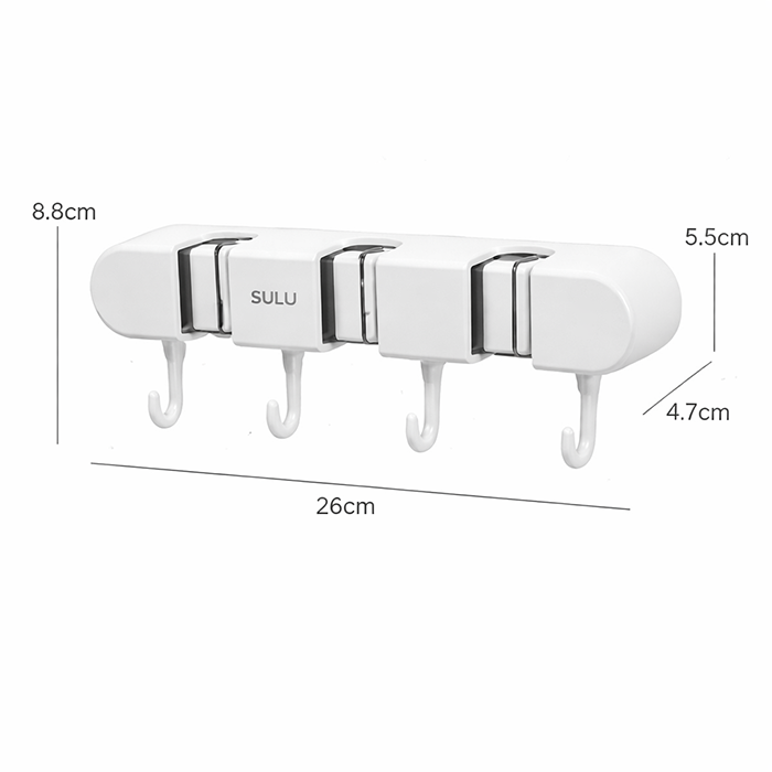 Compact mop organizer wall rack with non slip clips and hook layout detail Qatar