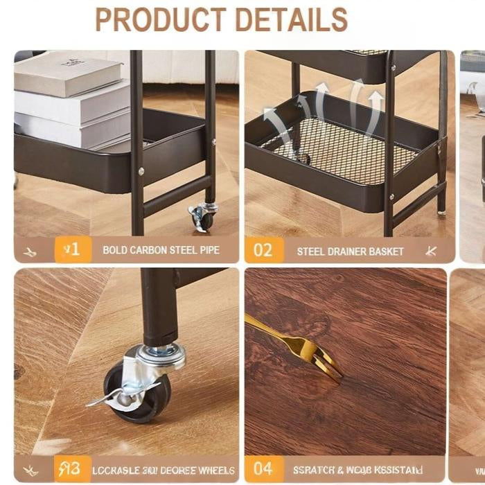 Side table utility cart with wooden top and storage baskets used as printer stand in office space Qatar