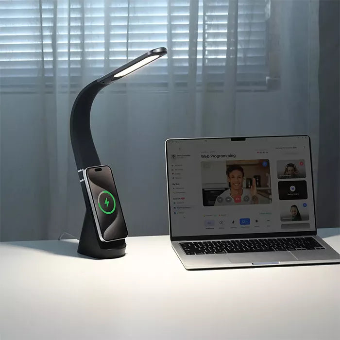 Green Lion LED desk lamp lighting workspace with laptop and wireless charging feature Qatar Homesouq Qatar