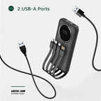 Green Lion power bank with 2 USB-A ports and built-in cables displayed on light background Qatar homesouq Qatar