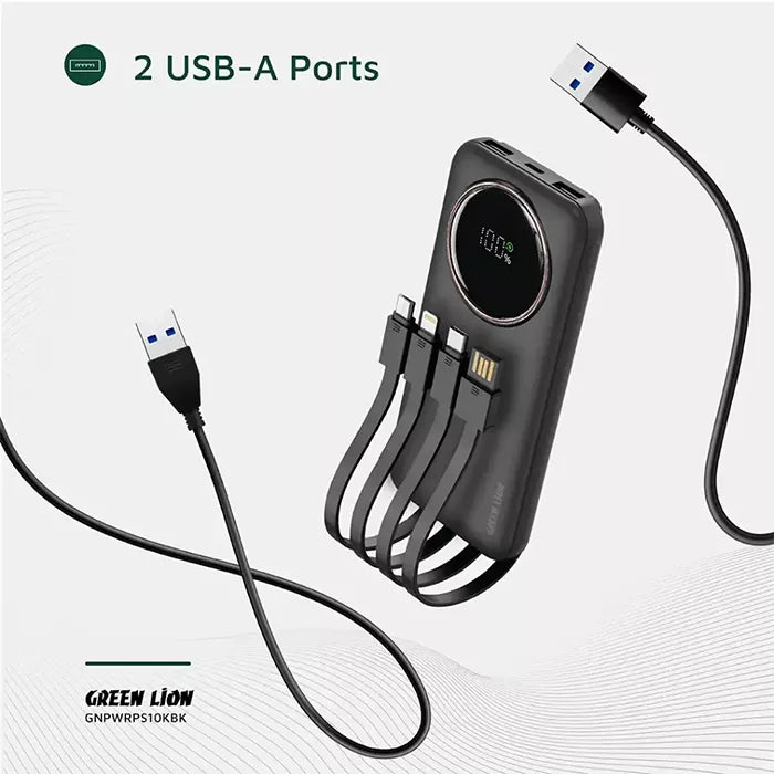 Green Lion power bank with 2 USB-A ports and built-in cables displayed on light background Qatar homesouq Qatar