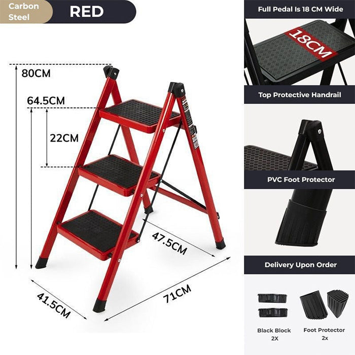 Multi Purpose 150 KG Sturdy 3 Step Folding Stool With Wide Pedals For Home Office Use dimensions