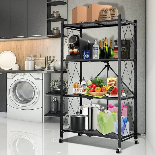 Multi Tier Foldable Storage Rack with Movable Wheel Kitchen