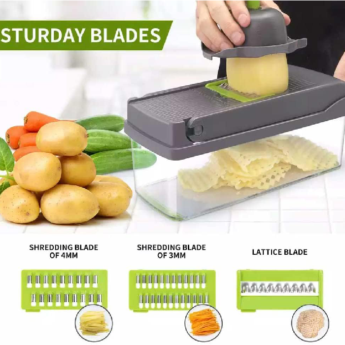 Multi functional 12 in 1 Kitchen Gadget for Vegetable Cutting With Fruit Slicer With Water Sturdy blades