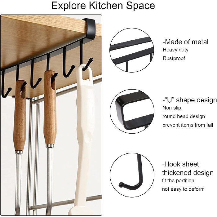 Multifunctional 6 Stainless Steel Door Organizer, Hook Hanger Mug Cup Holder Rack Organizer U shaped design