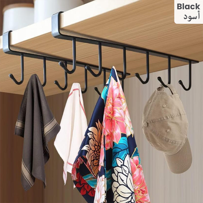 Multifunctional 6 Stainless Steel Door Organizer, Hook Hanger Mug Cup Holder Rack Organizer Versatile storage Black