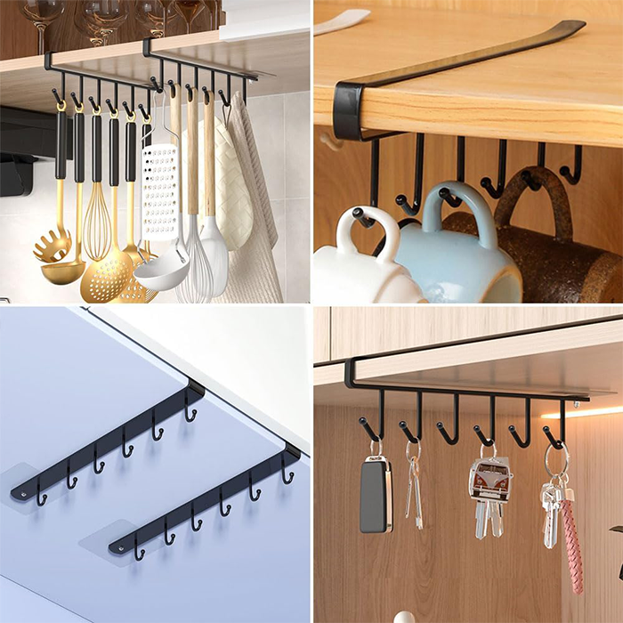 Multifunctional 6 Stainless Steel Door Organizer, Hook Hanger Mug Cup Holder Rack Organizer perfect for everywhere