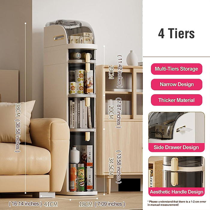 Narrow Slim Gap Tower Bathroom Floor Cabinet Organizer, Side Rolling Storage with Clear Drawers for Small Space 4 Layer