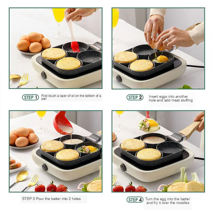 4 Hole Fried Egg Pan, Non Stick Egg Burger, Omelet Maker Pan With Wooden Handle For Family Breakfast steps