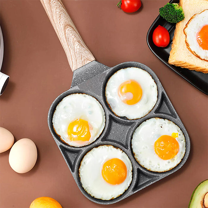 4 Hole Fried Egg Pan, Non Stick Egg Burger, Omelet Maker Pan With Wooden Handle For Family Breakfast premium quality