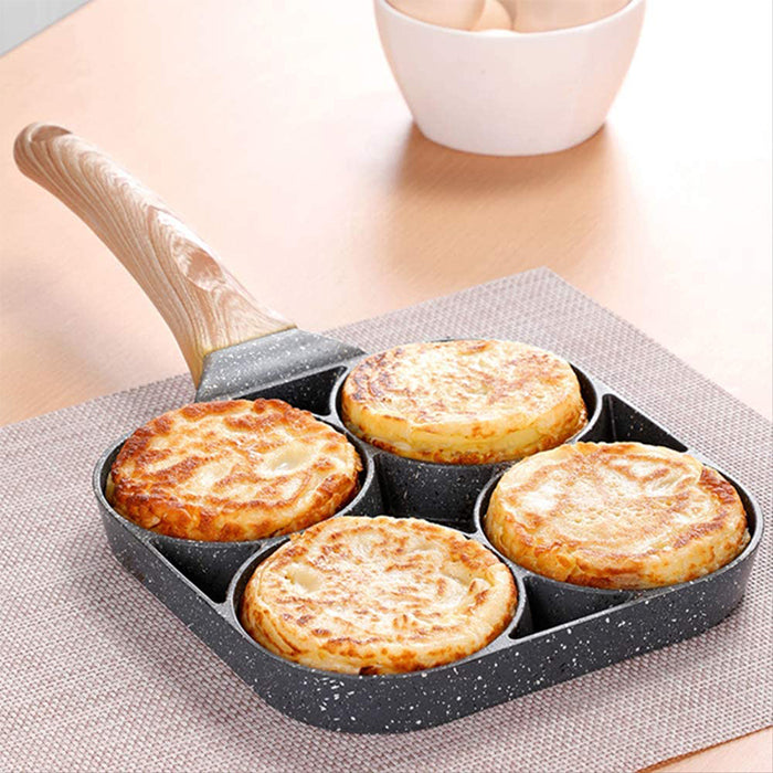 4 Hole Fried Egg Pan, Non Stick Egg Burger, Omelet Maker Pan With Wooden Handle For Family Breakfast width handle