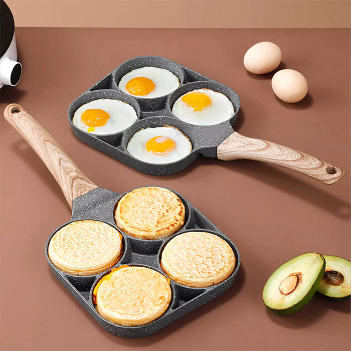 4 Hole Fried Egg Pan, Non Stick Egg Burger, Omelet Maker Pan With Wooden Handle For Family Breakfast four hole design