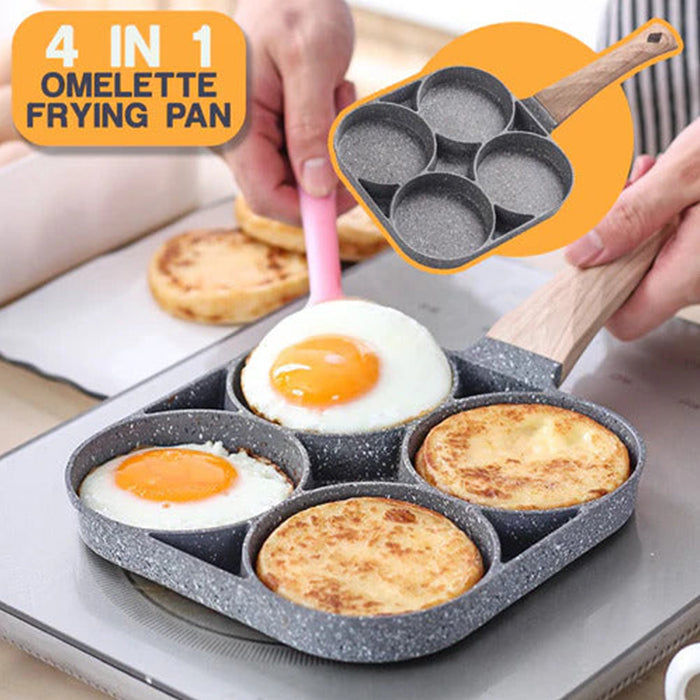 4 Hole Fried Egg Pan, Non Stick Egg Burger, Omelet Maker Pan With Wooden Handle For Family Breakfast