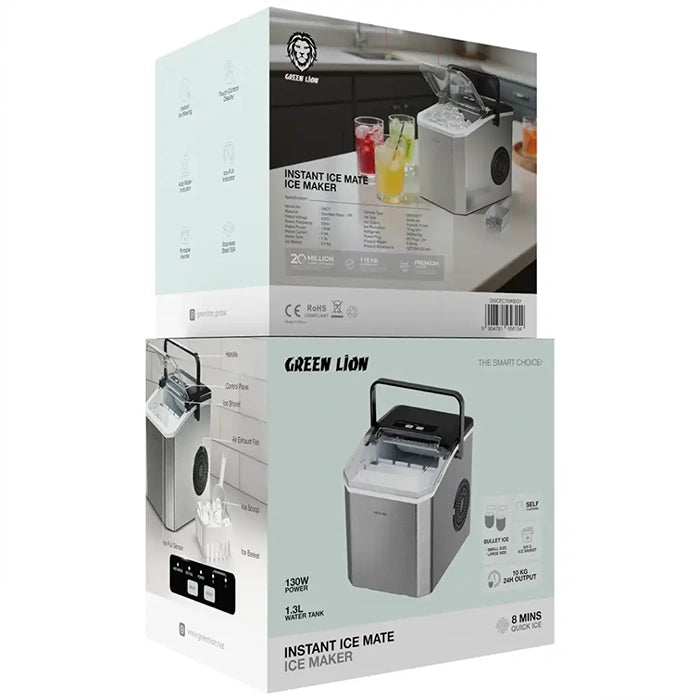 Green Lion ice maker retail box packaging with product specs in Homesouq Qatar