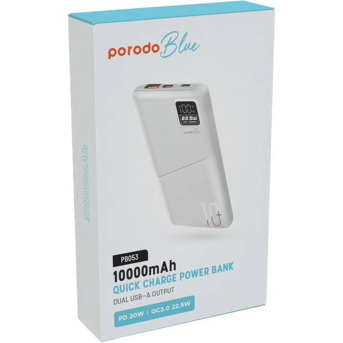 Porodo Blue 10000mAh power bank retail box packaging quick charge portable charger power bank Qatar