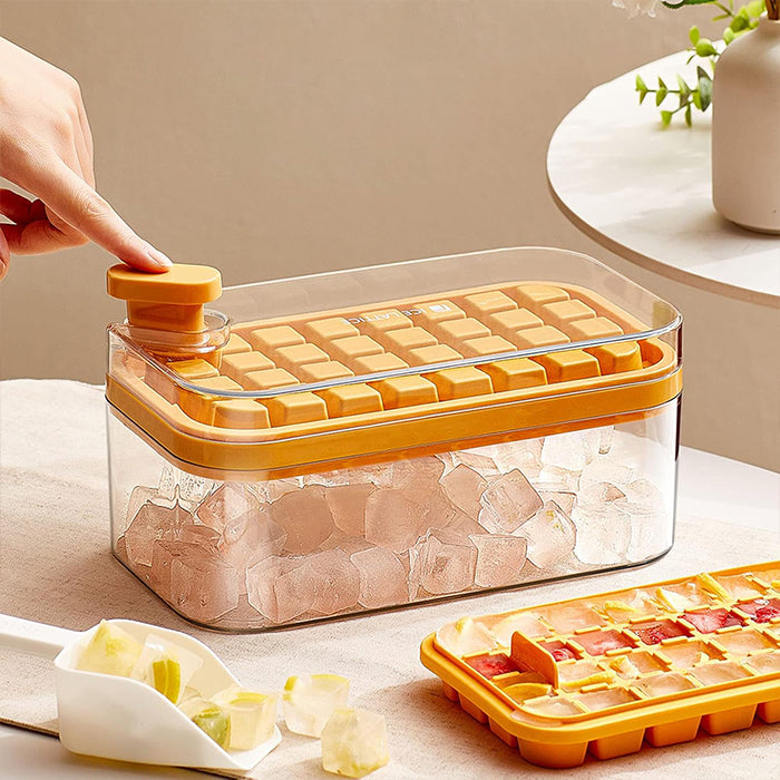 One-Press Transparent Ice Making Mold, Durable Ice Cube Mold Tray with Bin Orange