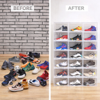 Shoe box transparent shoe box before and after showing organized sneakers box display storage solution Qatar