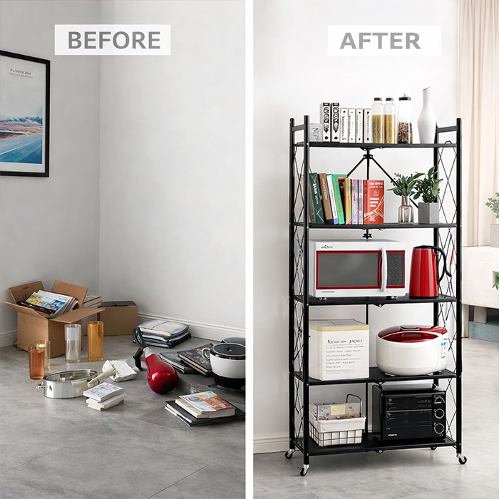 Foldable storage rack metal kitchen rack before and after showing organized multi tier storage solution Qatar