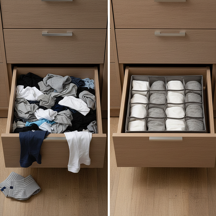Before and after drawer organization using 16 cell collapsible wardrobe organizer showing neatly arranged clothes Homesouq Qatar