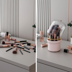 Before and after vanity table organization using large capacity rotating makeup brush holder with lid Homesouq Qatar