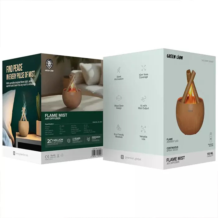Green Lion diffuser product box packaging showing features and specifications of flame mist air diffuser Qatar Homesouq Qatar