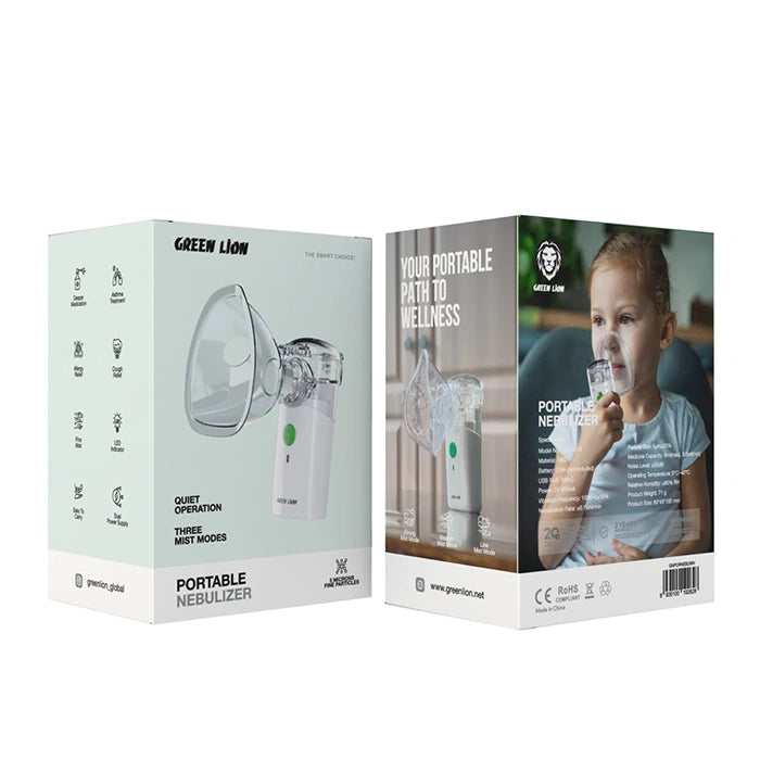 Green Lion nebulizer product box packaging and device overview in Homesouq Qatar