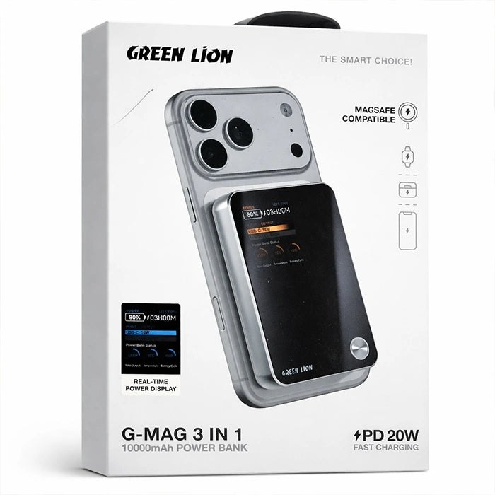 Green Lion power bank retail packaging showing features and MagSafe compatibility Homesouq Qatar 