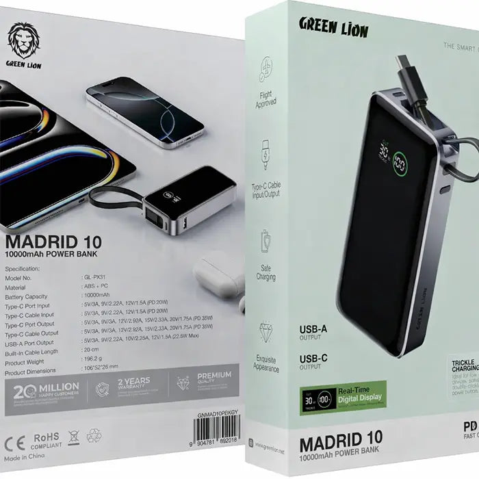 Green Lion Madrid 10 10000mAh power bank retail box packaging view Homesouq Qatar